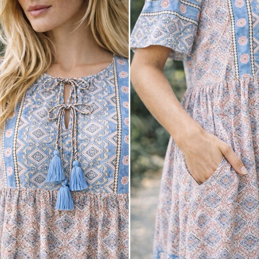 Sohana Block Print Cotton Boho Tassel Dress M NWT India Boho - Picture 2 of 15
